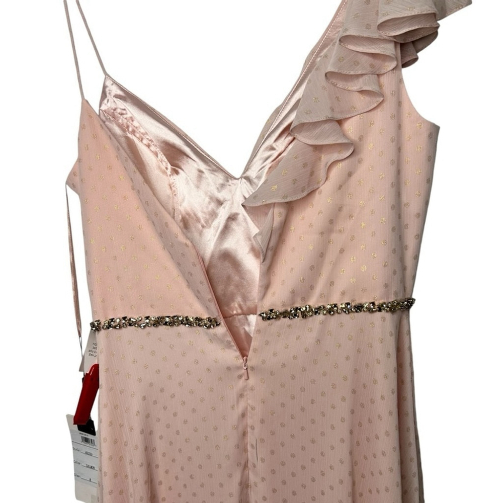 MAC DUGGAL Pink Salmon Polka Dot Asymmetrical Ruffle Formal Maxi Gown Size 8 - Picture 16 of 16